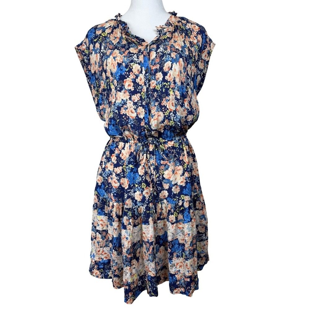 Rebecca Taylor Blue Floral 100%‎ Silk Tiered Mini Dress Sleeveless Ruffle Neck